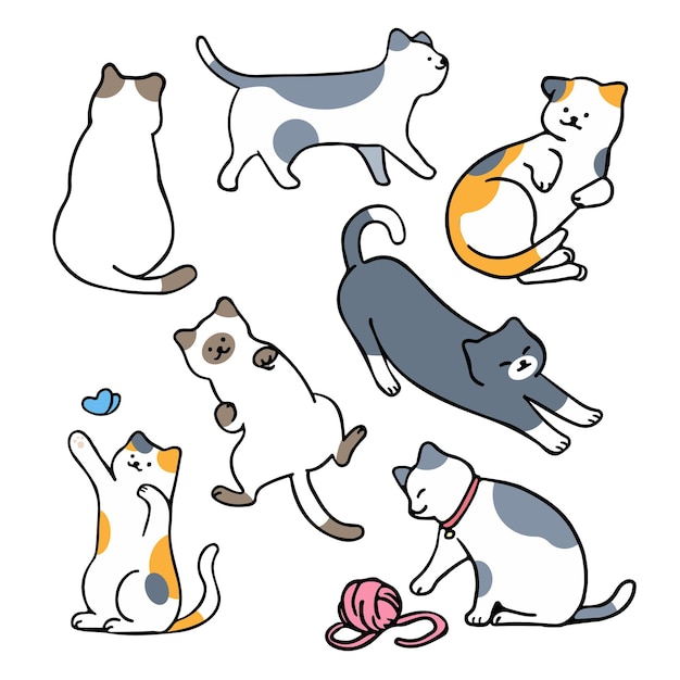 Flache, minimale vektorillustration von katzen in verschiedenen posen mit charakterdesign im outline-stil