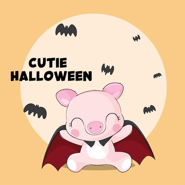 Flache niedliche Dracula-Schweintierillustration für Kinder. Netter Schweinecharakter