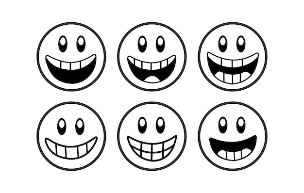 Vektor flache niedliche trendige lächeln-emoticons sammlung von niedlichen schwarz-weiß-lächeln-emoticons-aufklebern