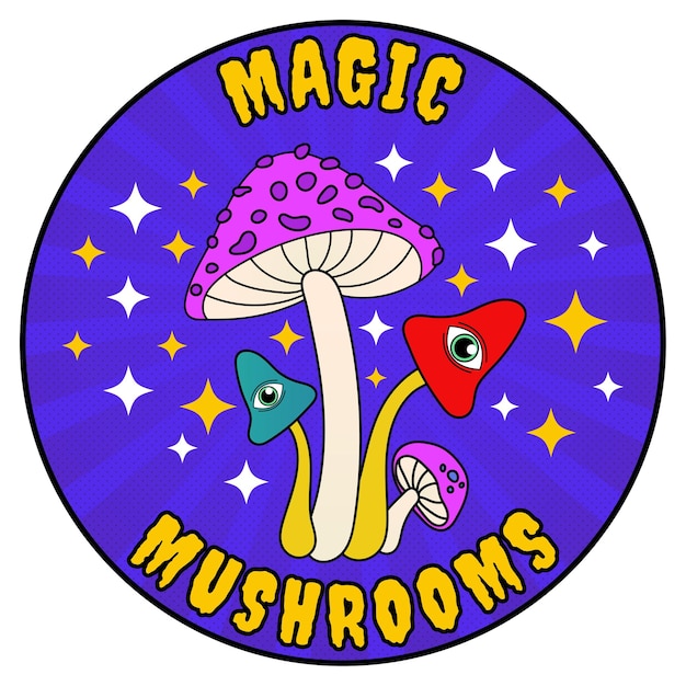 Flache psychedelische einäugige magic mushrooms-vektor-abzeichen-aufkleber-illustration