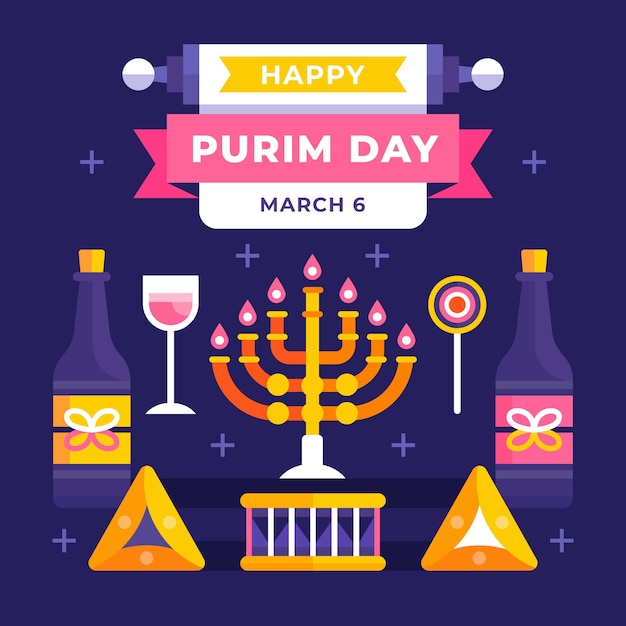 Flache purim-feiertagsfeierillustration