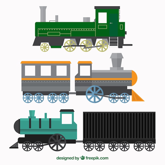 Flache sammlung von antiken lokomotiven