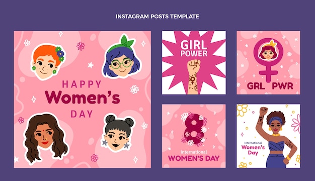 Vektor flache sammlung von instagram-posts zum internationalen frauentag