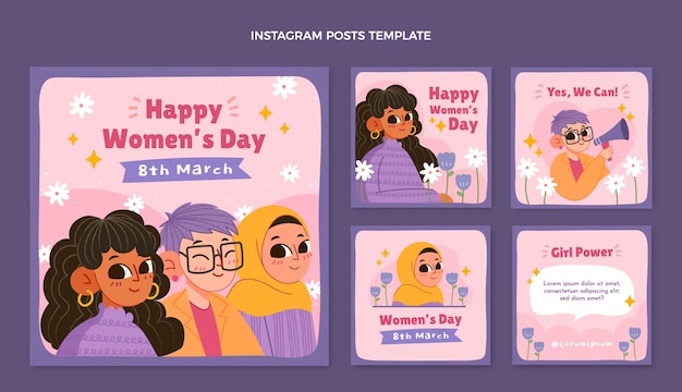 Flache Sammlung von Instagram-Posts zum internationalen Frauentag