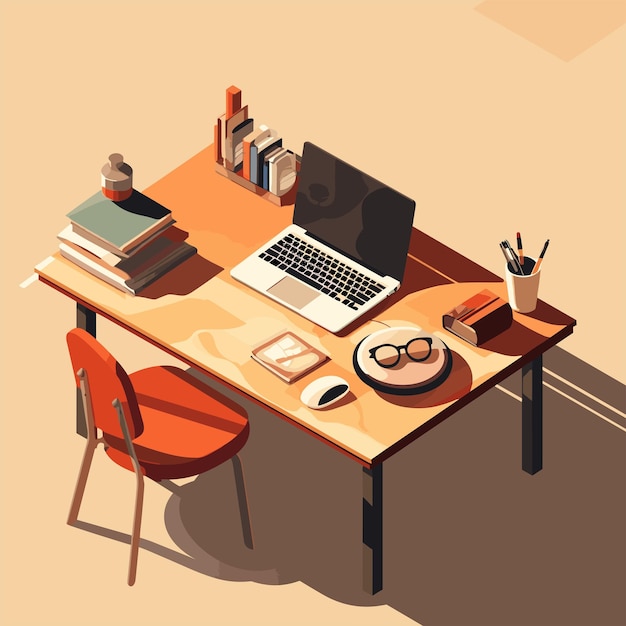 Flache stilvolle illustration eines arbeitstisches mit laptop und büchern in hoher qualität
