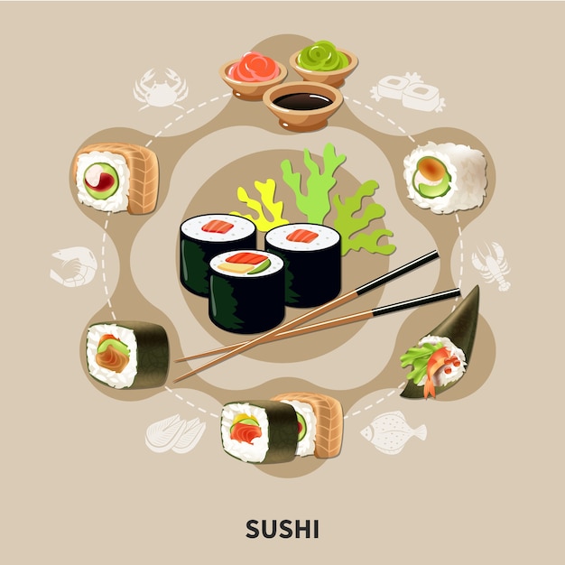 Flache sushi-komposition mit verschiedenen arten von sushi oder brötchen, die in einem kreis angeordnet sind