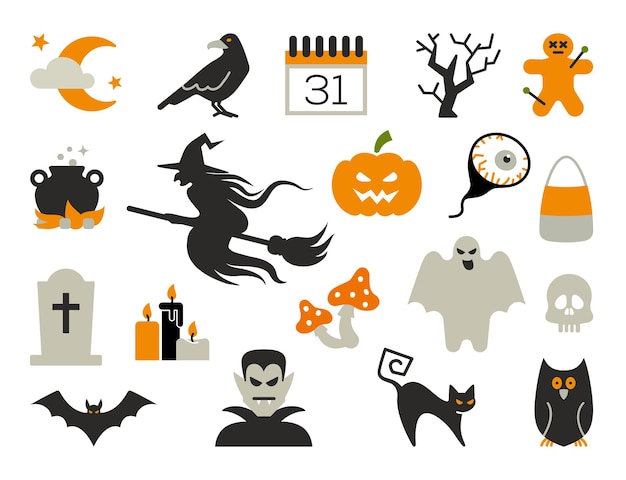 Flache symbole mit traditionellen halloween-symbolen vektorsymbole