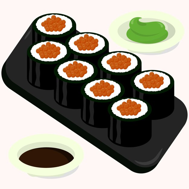 Flache Vektordesignillustration von japanischen eingestellten Lachskaviar-Sushirollen. Isoliertes asiatisches Essen