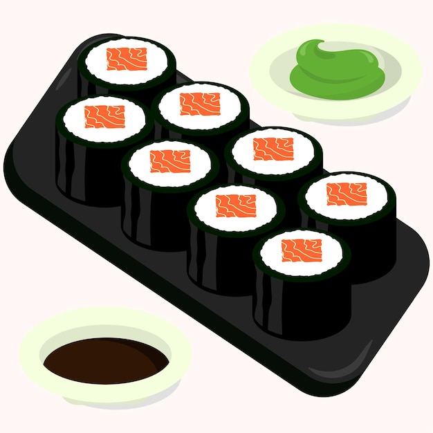 Flache Vektordesignillustration von japanischen eingestellten Lachssushirollen. Isoliertes asiatisches Essen