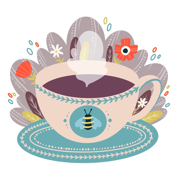 Flache vektorfarbkarikaturillustration der kaffeetasse auf untertasse mit blumen im gekritzelstil. eine tasse tee illustration.