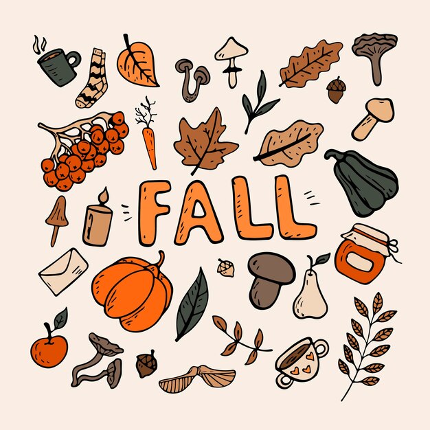 Flache Vektorgrafik zu einem Herbstthema: Pilze, Gemüse, Blätter, süße Attribute. Doodle-Objekte werden ausgeschnitten. Hintergrunddekoration.