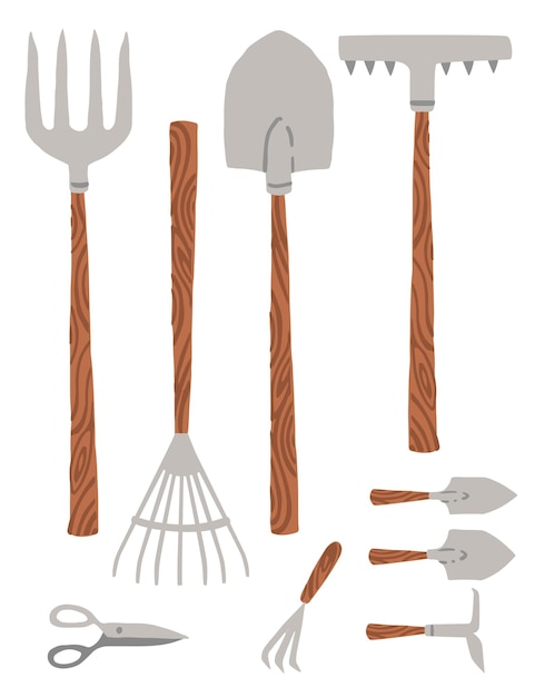 Flache Vektorillustration der Gartenarbeitserdwerkzeugsammlung lokalisiert auf weißem Hintergrund