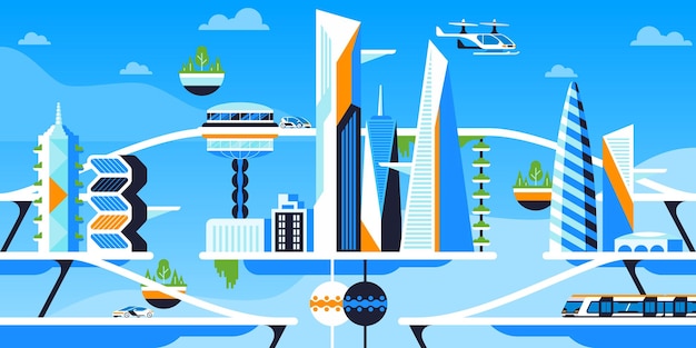 Flache vektorillustration des zukünftigen stadtpanoramas. nachhaltige metropole, futuristische stadtarchitektur und umweltfreundliche fahrzeuge. hightech-transport, elektroauto, fliegende drohne und schnellzug