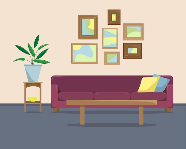 Flache vektorillustration mit einem sofa und bildern an einer wand.