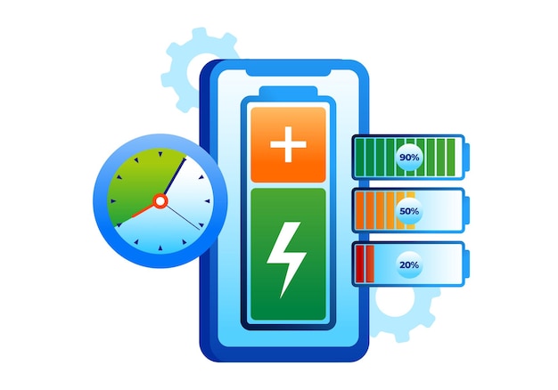 Flache vektorillustrationsfahne und zielseite der handybatterie