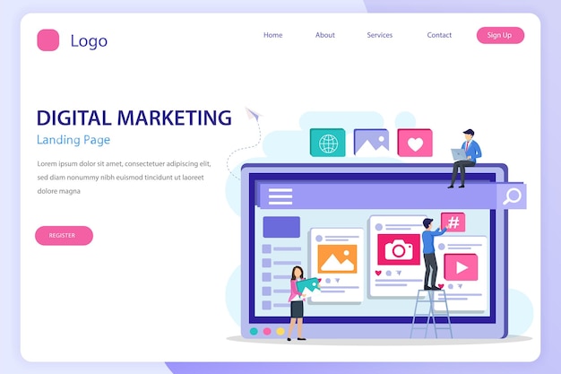 Flache Vektorvorlage für die Landingpage-Website des digitalen Marketings