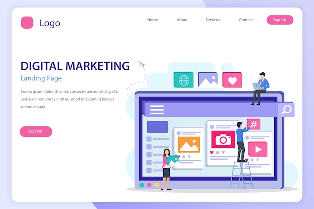 Flache vektorvorlage für die landingpage-website des digitalen marketings