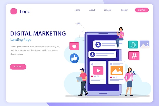 Flache Vektorvorlage für die Landingpage-Website des digitalen Marketings