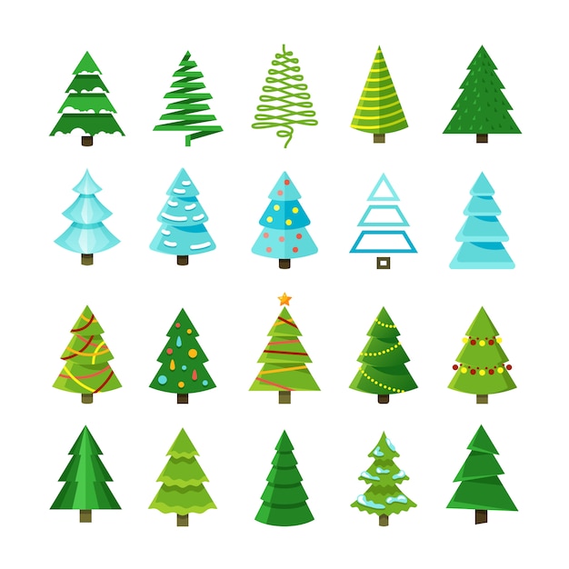 Flache weihnachtswinterbäume mit festlicher weihnachtsdekorations-vektorsammlung