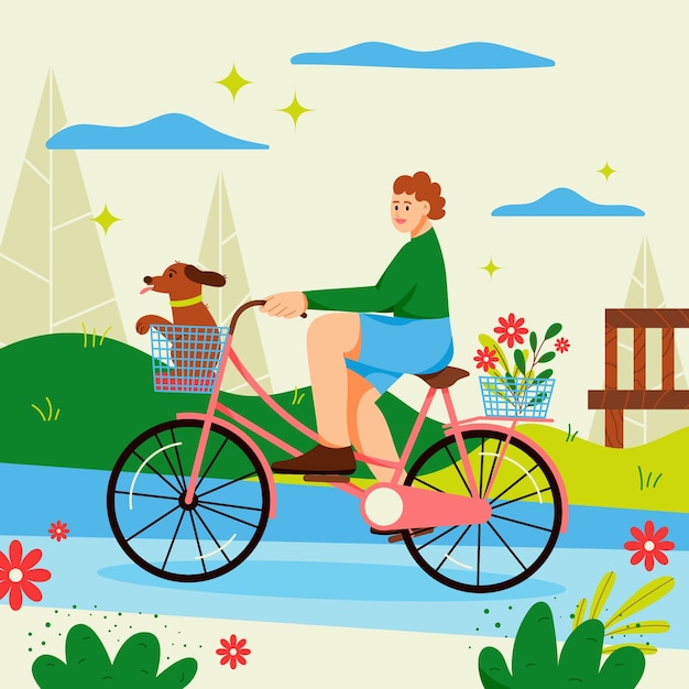 Flache weltfahrradtagillustration mit der person, die fahrrad fährt