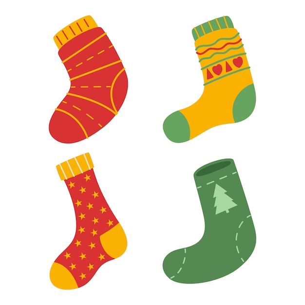 Vektor flache wintersocken-element-bundle-set, weihnachtsereignis-vektor-illustration