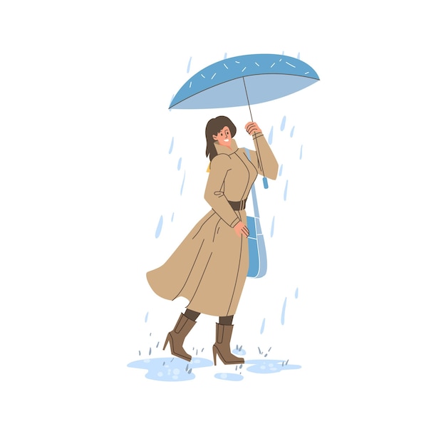 flache Zeichentrickfigur in der Herbstsaison, die im Freien unter dem Regenschirm spazieren geht