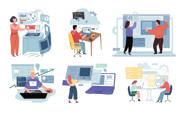 Flache Zeichentrickfiguren, Geschäftsentwicklungs-Workflow-Vektor-Illustrationskonzept