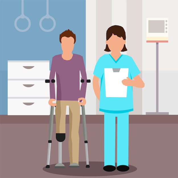 Flacher Arzt und Patient im Rehabilitationszentrum