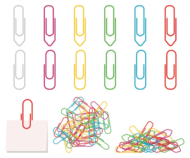 Vektor flacher bunter ikonensatz der büroklammervektor lokalisiert auf einem weißen hintergrund.
