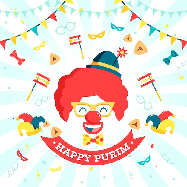 Flacher design-purim-tag mit smiley-clown-maske und luftballons