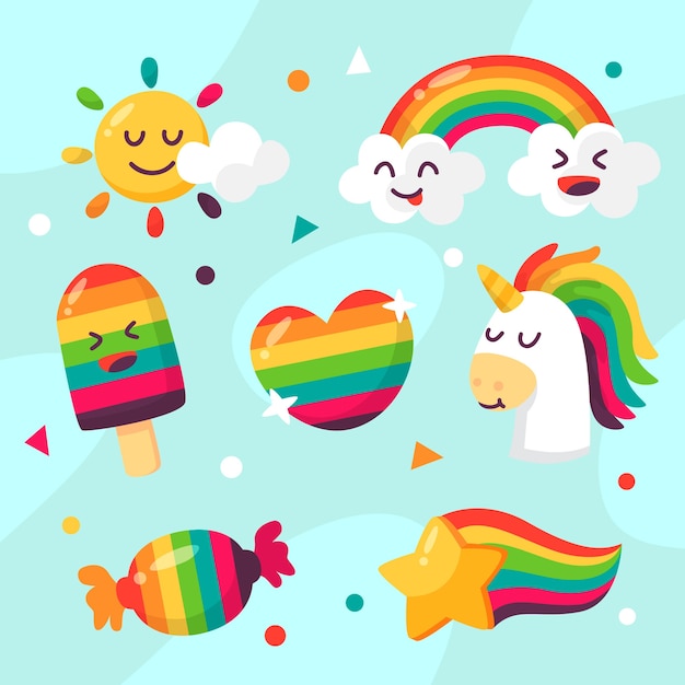 Vektor flacher design-regenbogen und einhorn