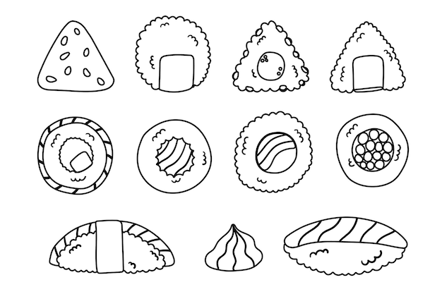 Flacher Doodle-Vektor-Satz von Sushi-Rollen Onigiri Traditionelle asiatische Küche auf weißem Hintergrund