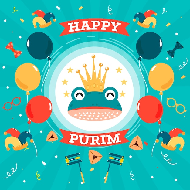 Flacher entwurf purim tag mit frosch als könig