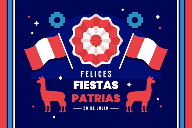 Vektor flacher fiestas patrias-hintergrund mit lamas und flaggen