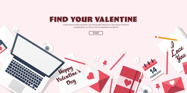 Vektor flacher hintergrund mit laptop liebe und herzen valentinstag sei mein valentinstag februar vektor