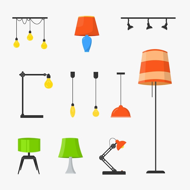 Vektor flacher illustrationssatz der lampe