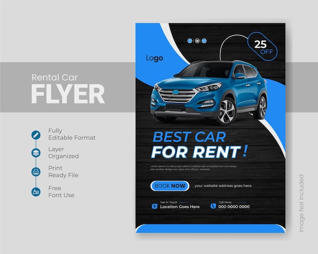 Flacher Mietwagen, der Online-Werbeflyer-Designvorlage verkauft