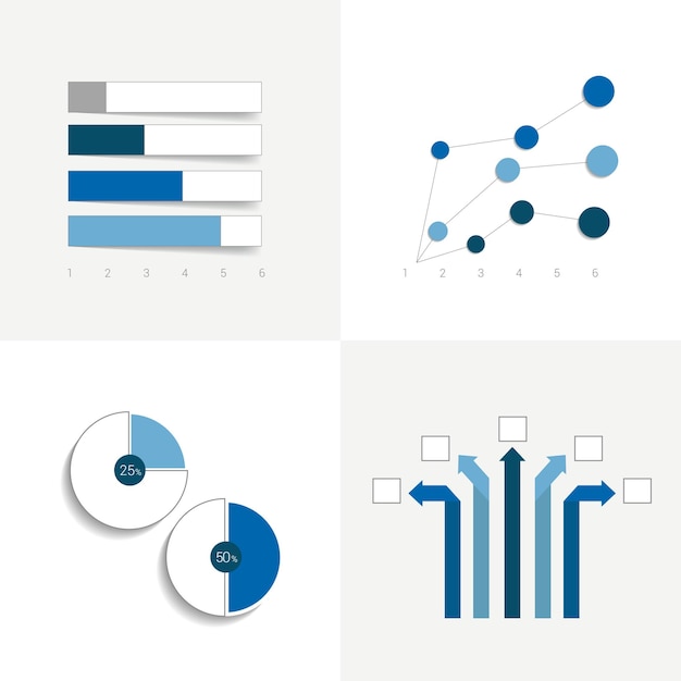 Flacher satz von diagrammen und broschürenelementen einfach farblich bearbeitbare infografik-elemente