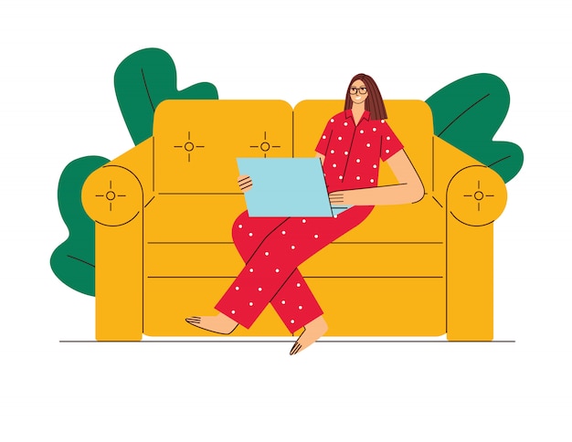 Flacher stil der farbigen illustration. eine frau arbeitet von zu hause aus an der selbstisolation. mädchen im pyjama sitzt auf einem sofa mit einem laptop. mädchen arbeitet während der quarantäne