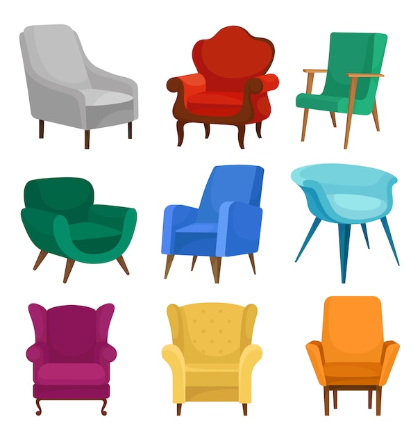 Flacher Vektorsatz von Sesseln. Vintage und moderne Stühle mit weichen Polstern.