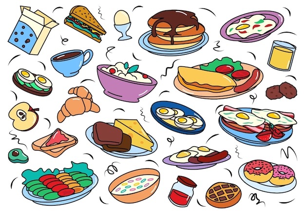 Flaches Cartoon-Frühstücksset. Die helle Abbildung zeigt verschiedene Frühstücksoptionen