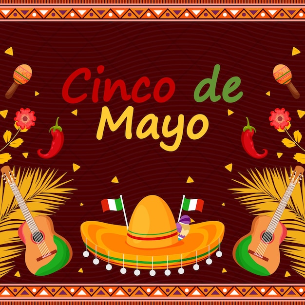 Flaches Cinco De Mayo-Feiertagsfest mit Partikelelement-Gitarrenhintergrund