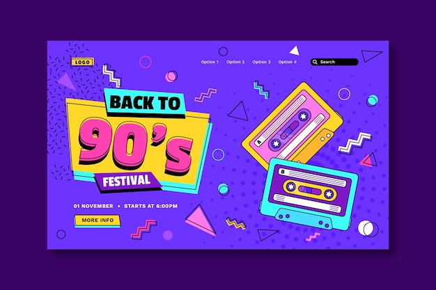Flaches Design 90er Jahre nostalgische Musikfestival-Landingpage
