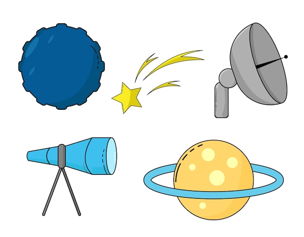 Flaches design der ufo-satellitensaturn-teleskop-sternschnuppenvektorillustrations-karikatur