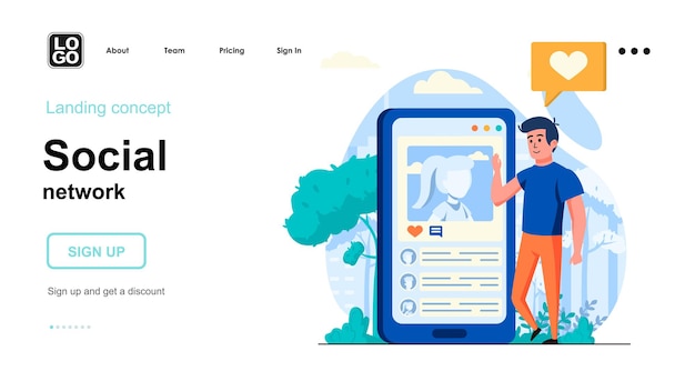 Flaches design der zielseitenvorlage für soziale netzwerke