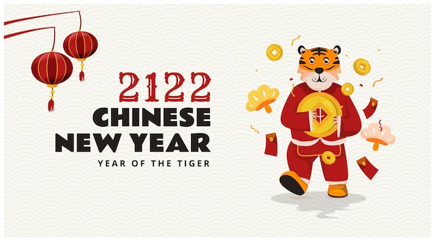 Flaches design des chinesischen neujahrs 2022 mit tigercharakter auf bannerdesign