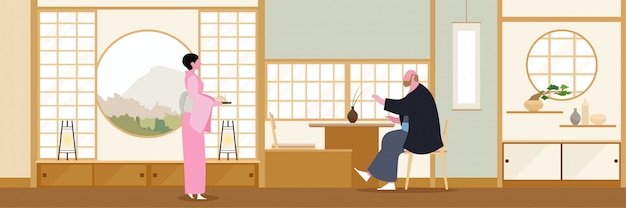 Flaches Design des Japan-Zen-Wohnzimmers