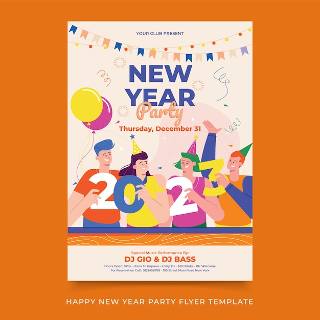 Flaches design happy new year party flyer vorlage