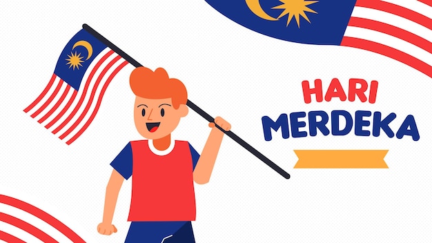 Flaches design hari merdeka banner mit niedlicher cartoon-illustration