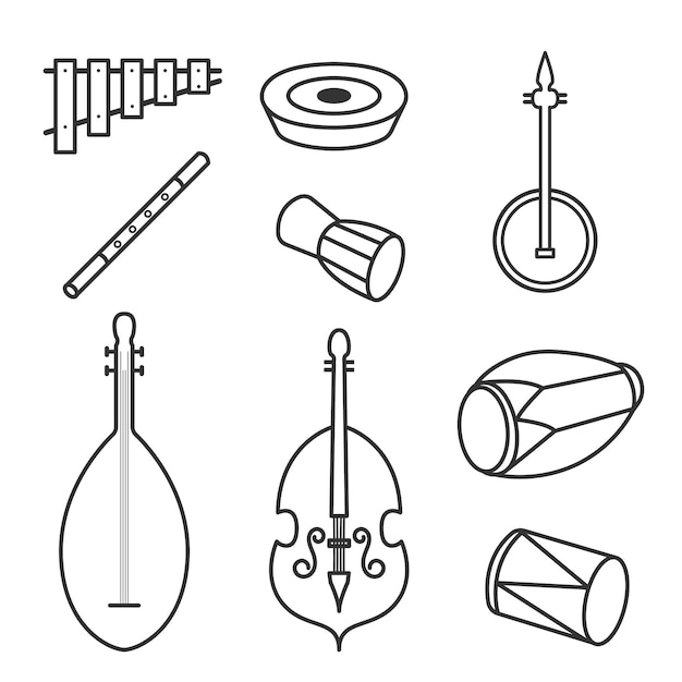 Vektor flaches design-icon-set-bündel von musikinstrumenten